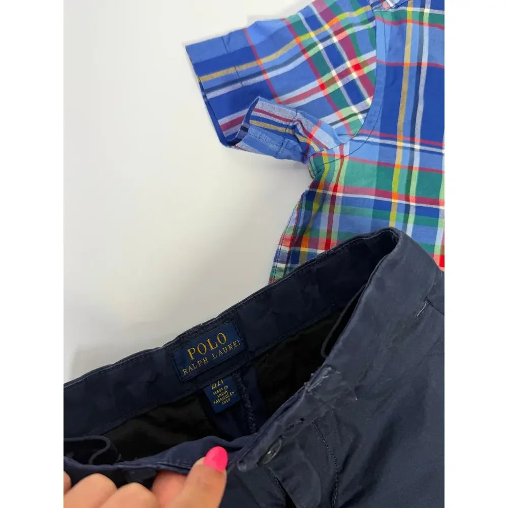 Ralph Lauren Boys 2T Plaid Button Down Shirt & Khaki Shorts Outfit Set NWT